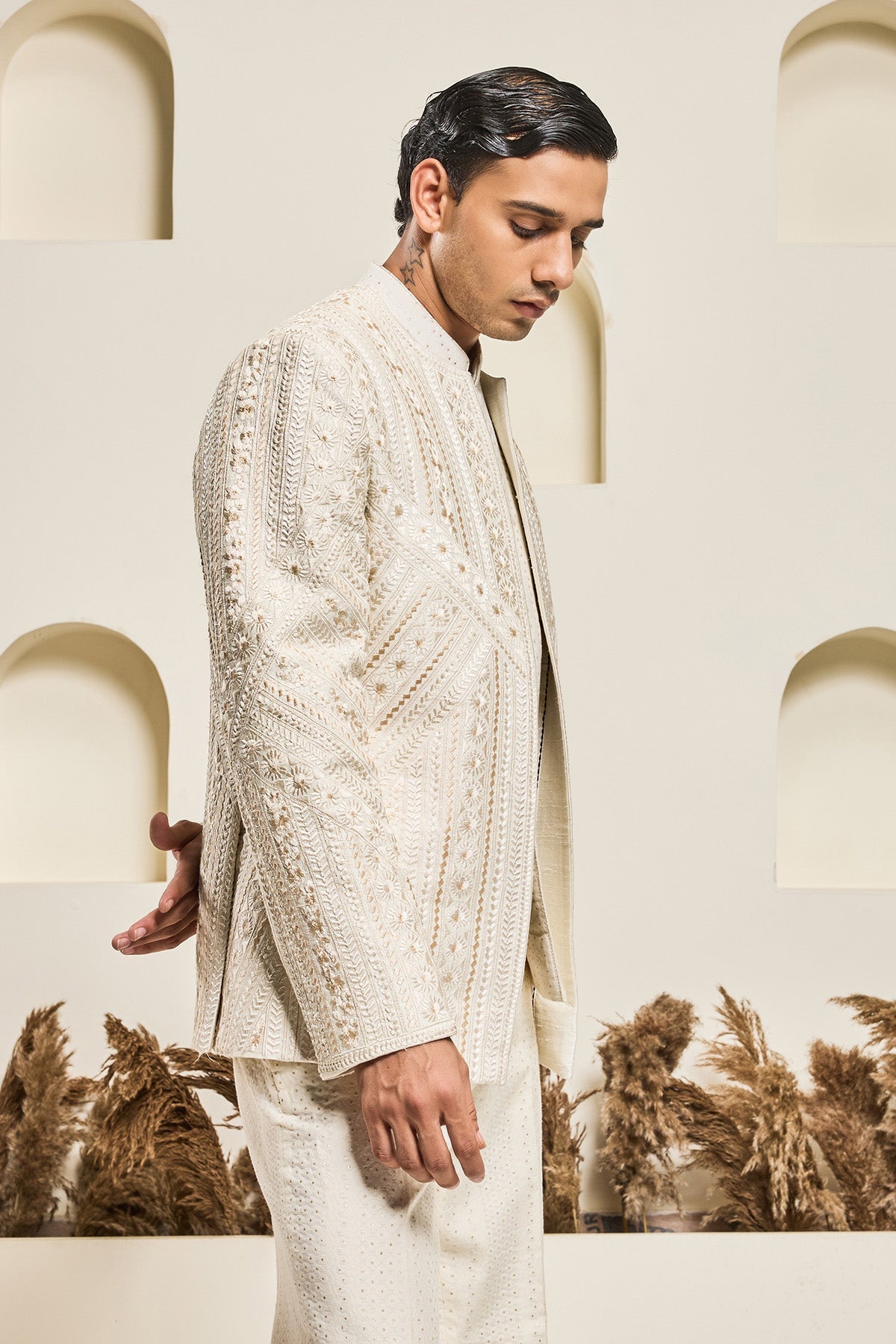 Ivory open bandhgala 
with Resham thread Work