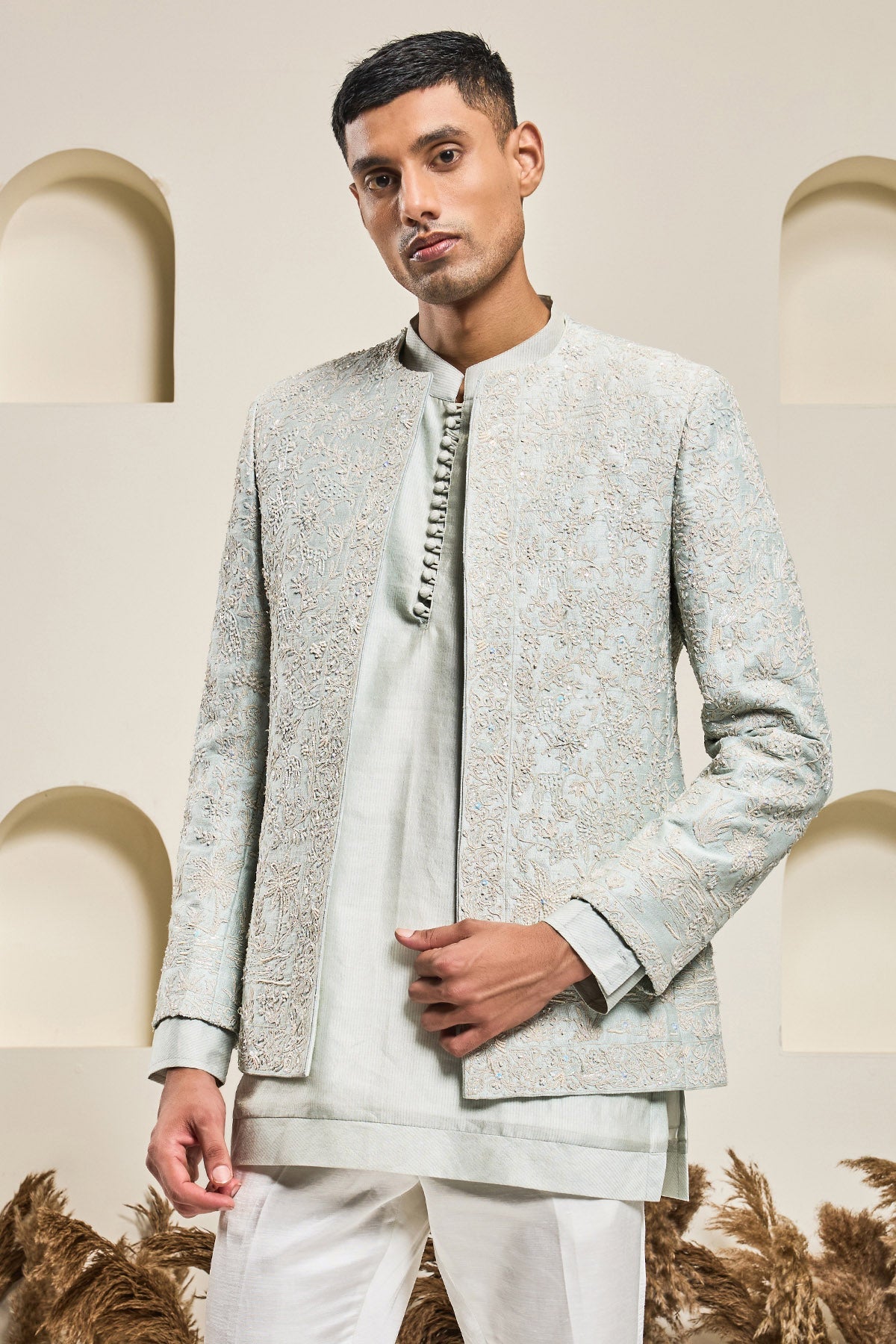 Iceblue open bandhgala 
with thread sequins & pearl
work