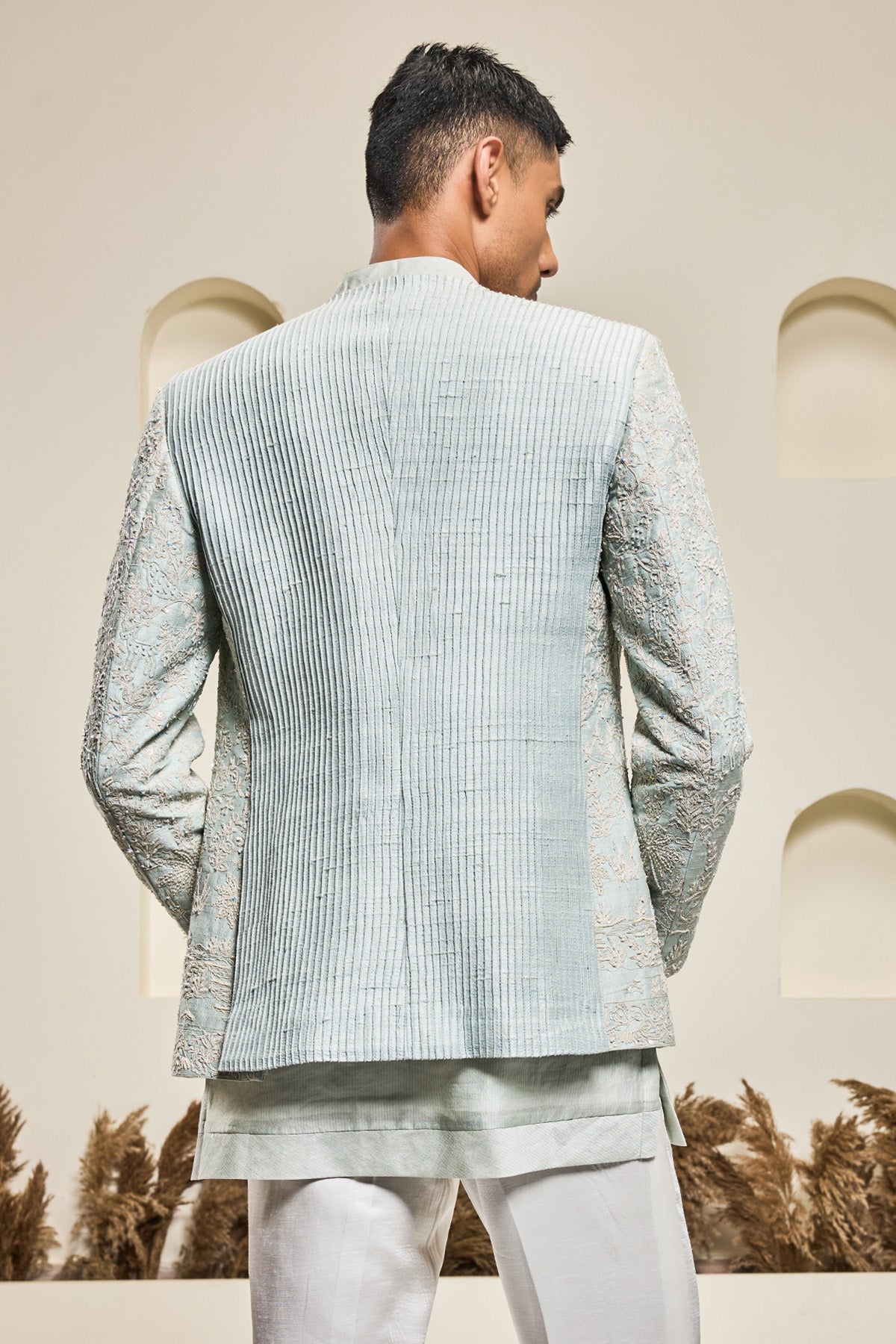 Iceblue open bandhgala 
with thread sequins & pearl
work