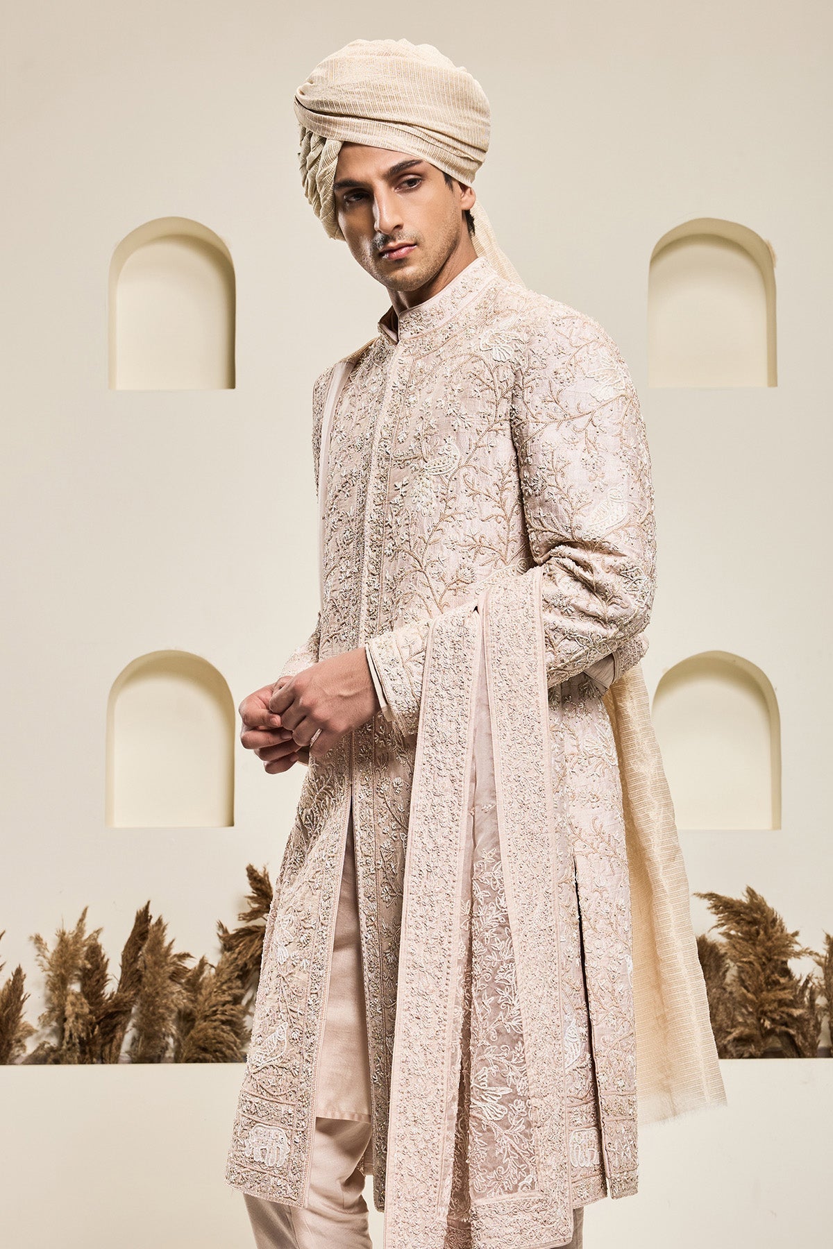 Dusty rose sherwani with pearl and thread work