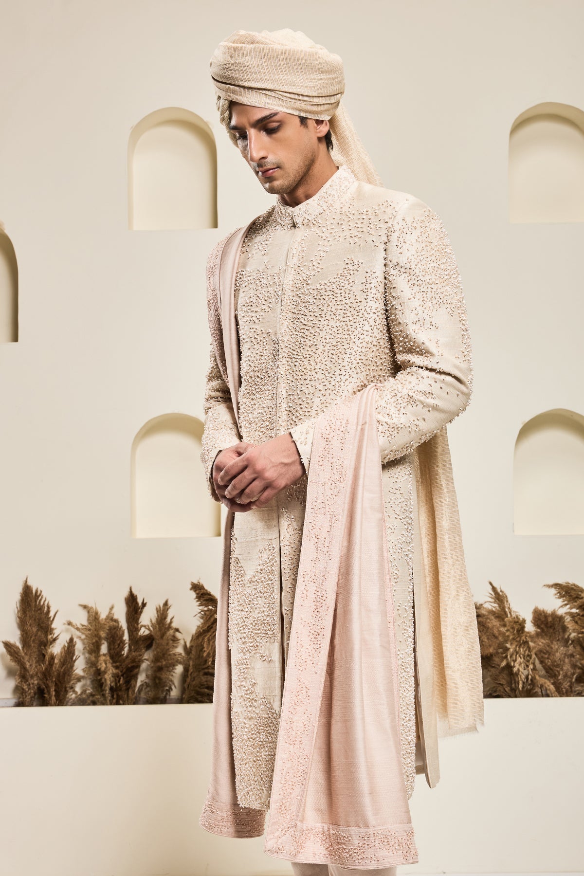 Dusty rose sherwani with pearl and cutdana