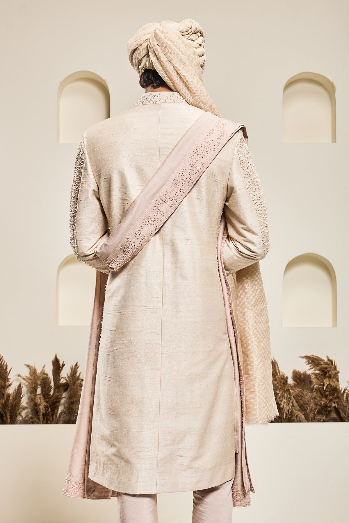 Dusty rose sherwani with pearl and cutdana