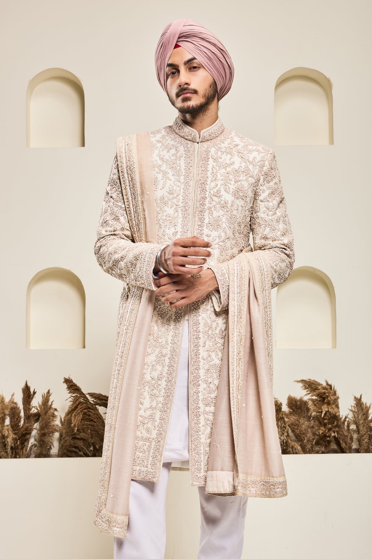 Dusty rose sherwani with pearl and sequins work