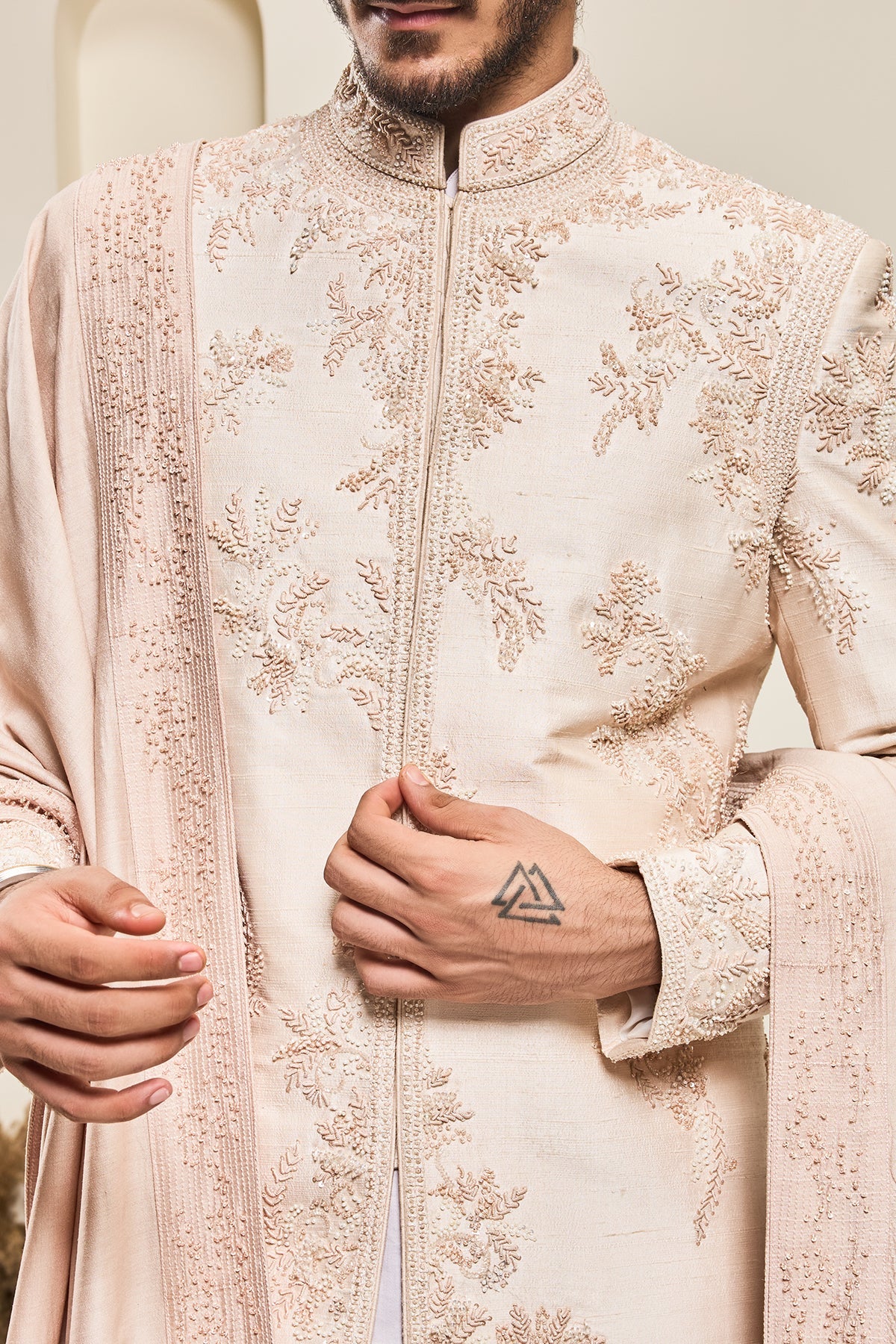 Dusty rose sherwani with pearl sequins critical and spring work