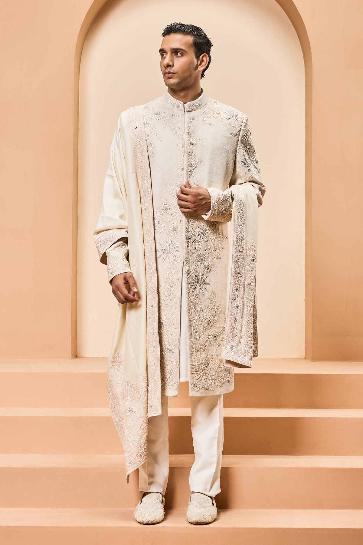 Ivory sherwani with pearl sequins and resham thread work