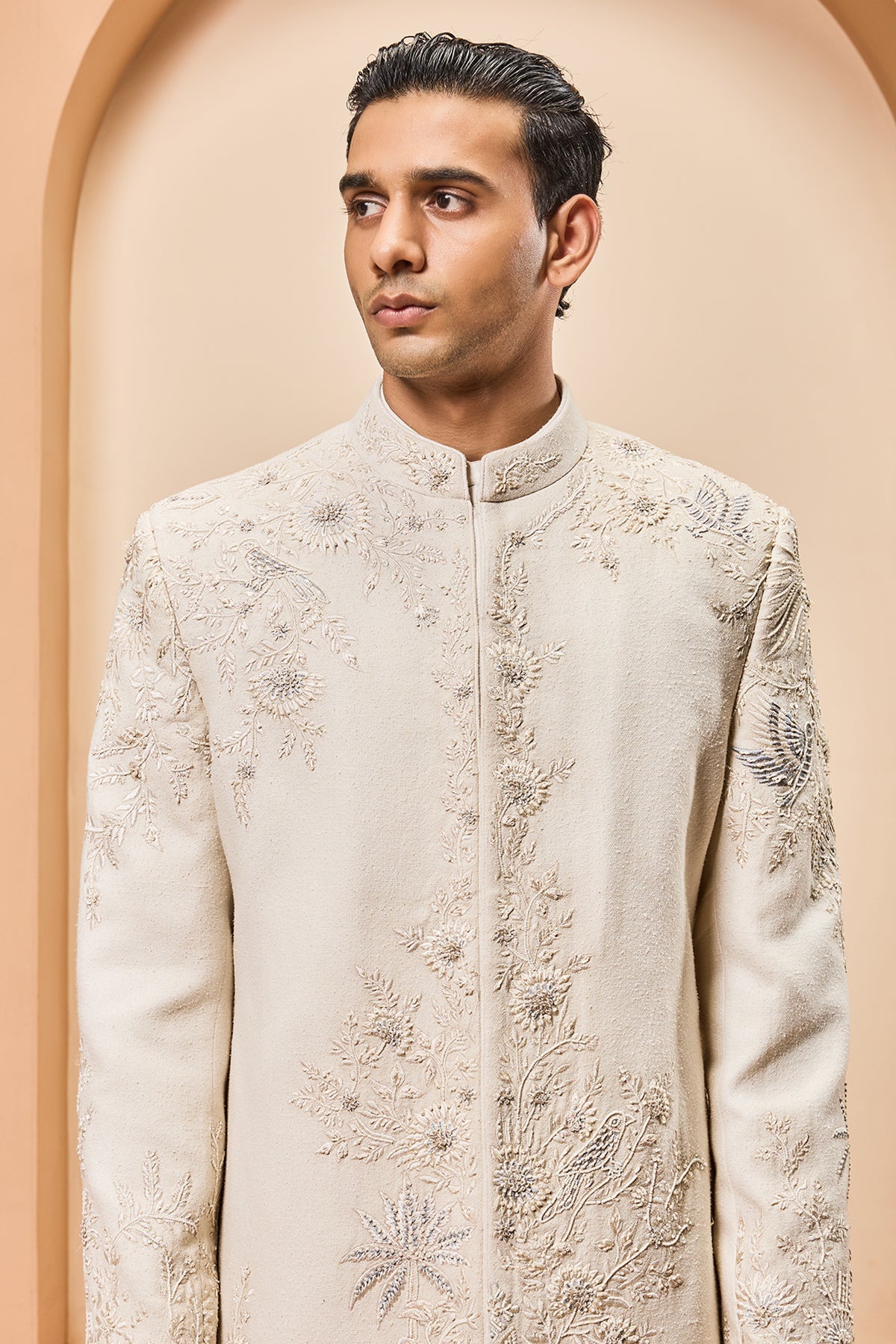 Ivory sherwani with pearl sequins and resham thread work