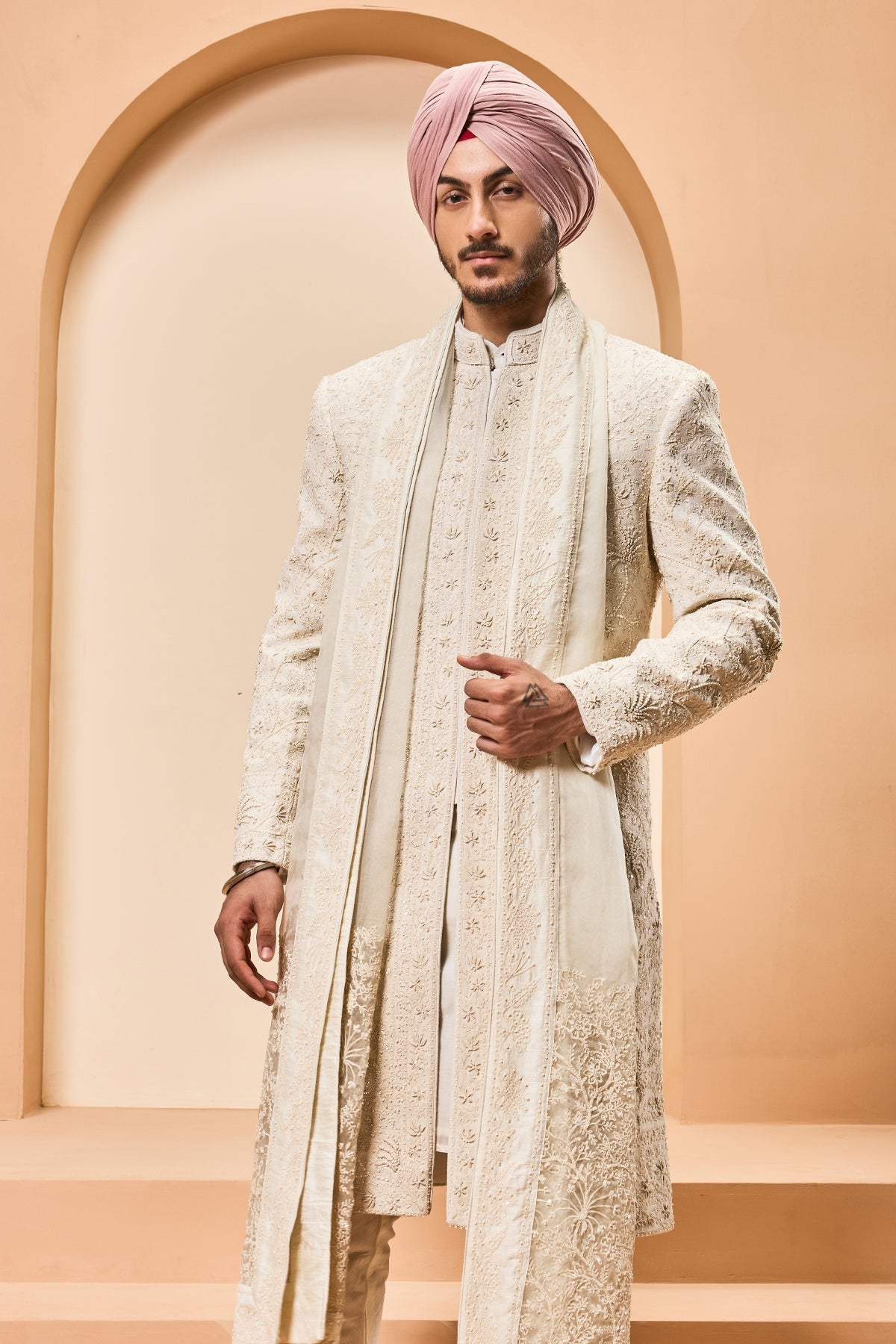 Ivory sherwani detailing with pearl sequins and thread work