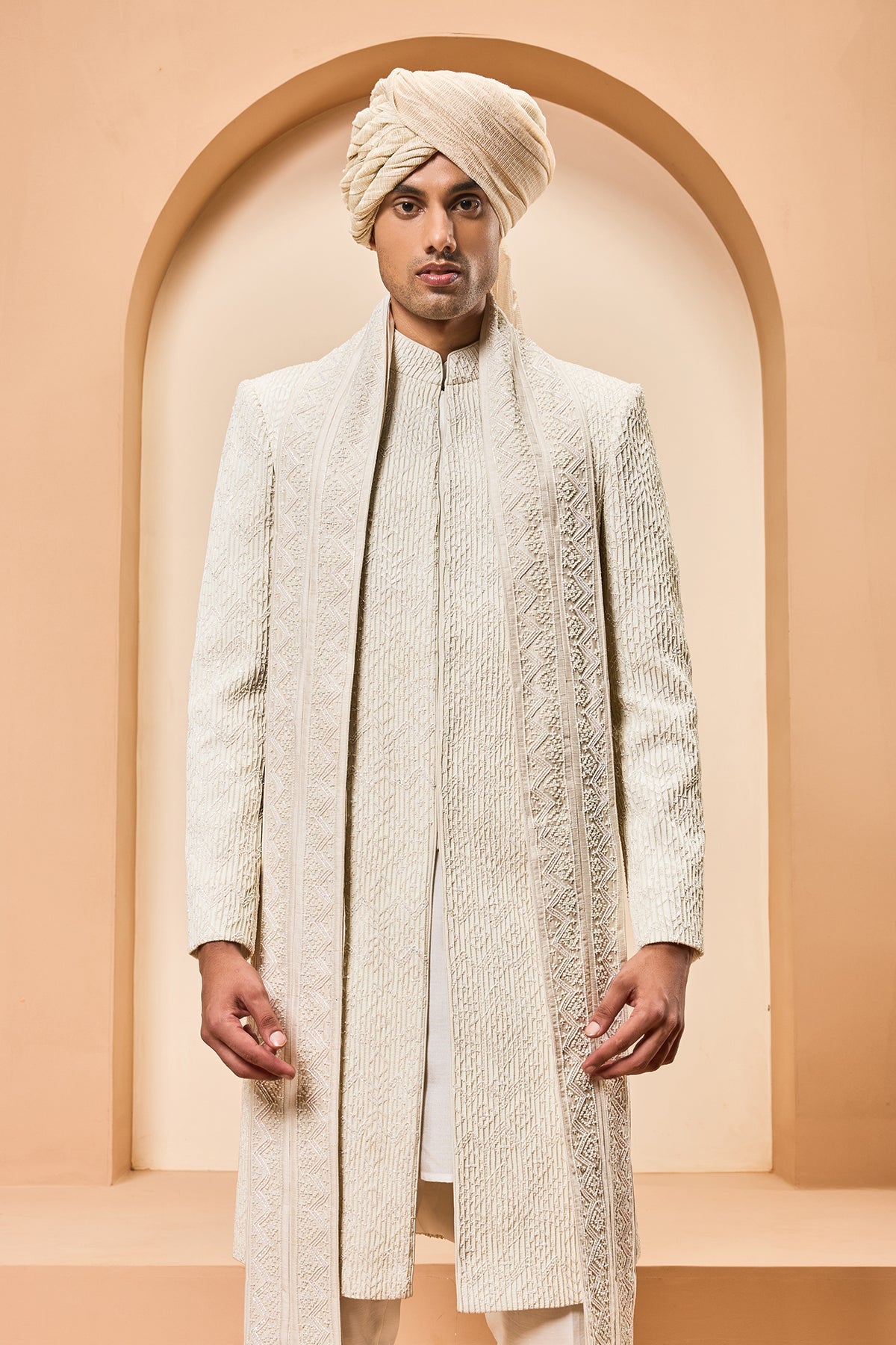 Ivory sherwani detailing with pearl sequins and thread work