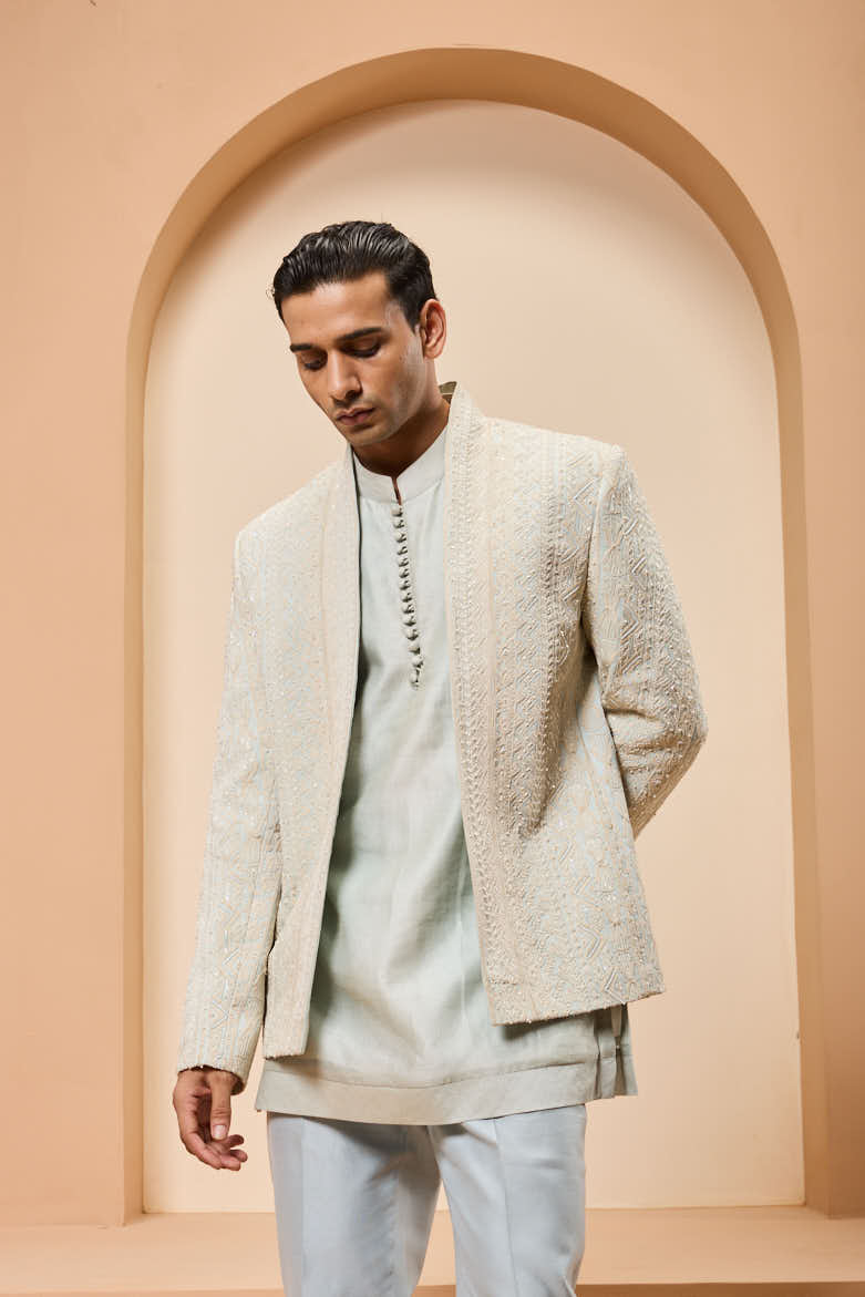 Powder blue open bandhgala 
with thread sequins & pearl
work