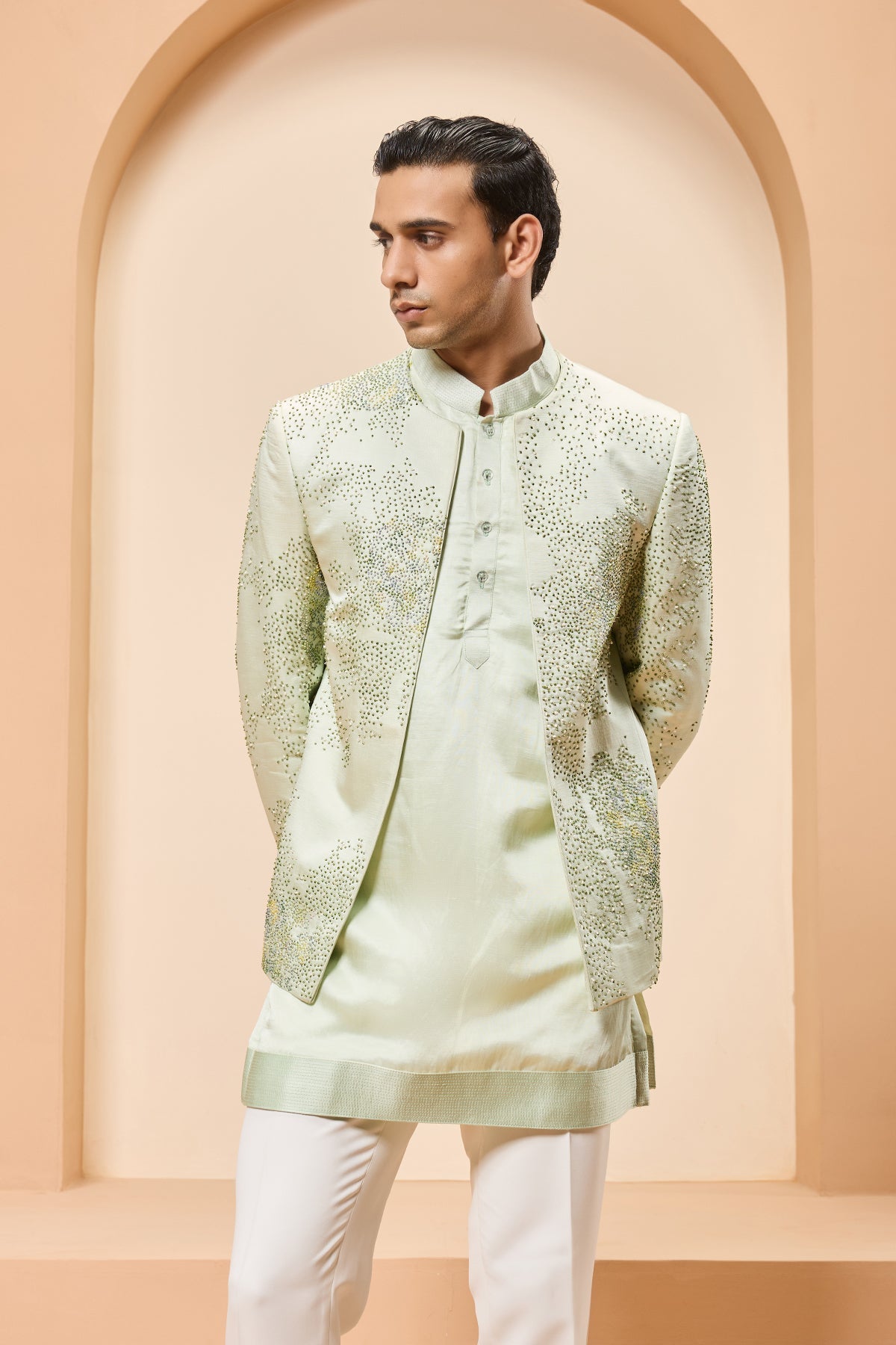 Green open bandhgala 
with thread sequins & pearl
work