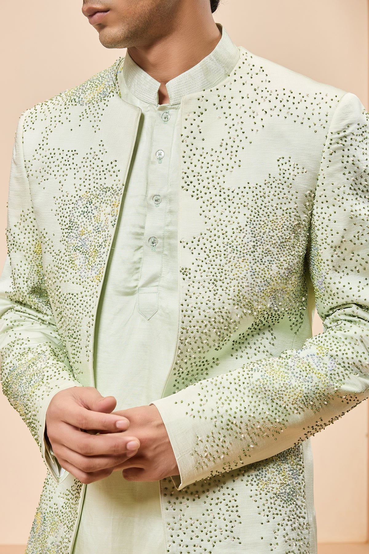 Green open bandhgala 
with thread sequins & pearl
work