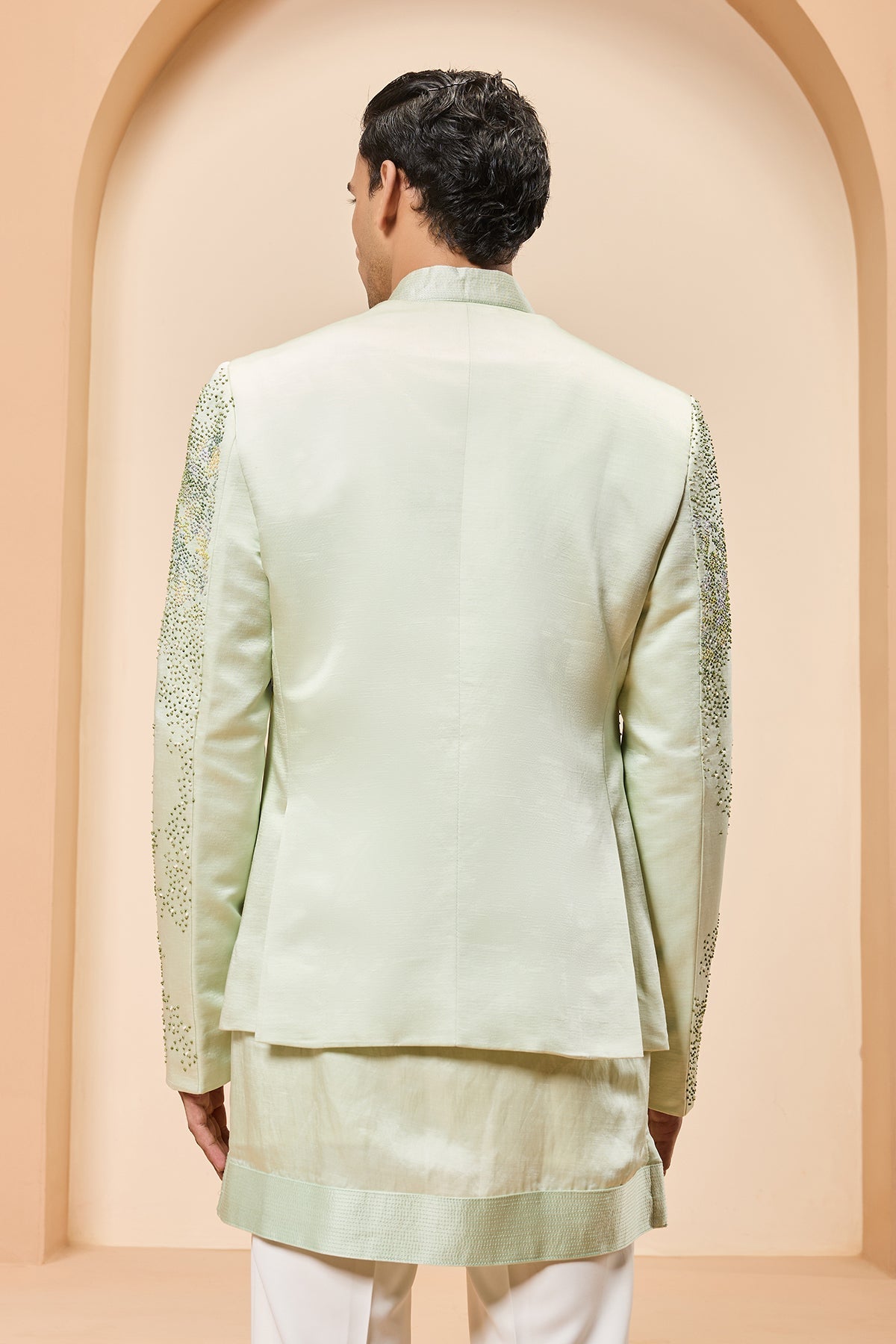 Green open bandhgala 
with thread sequins & pearl
work