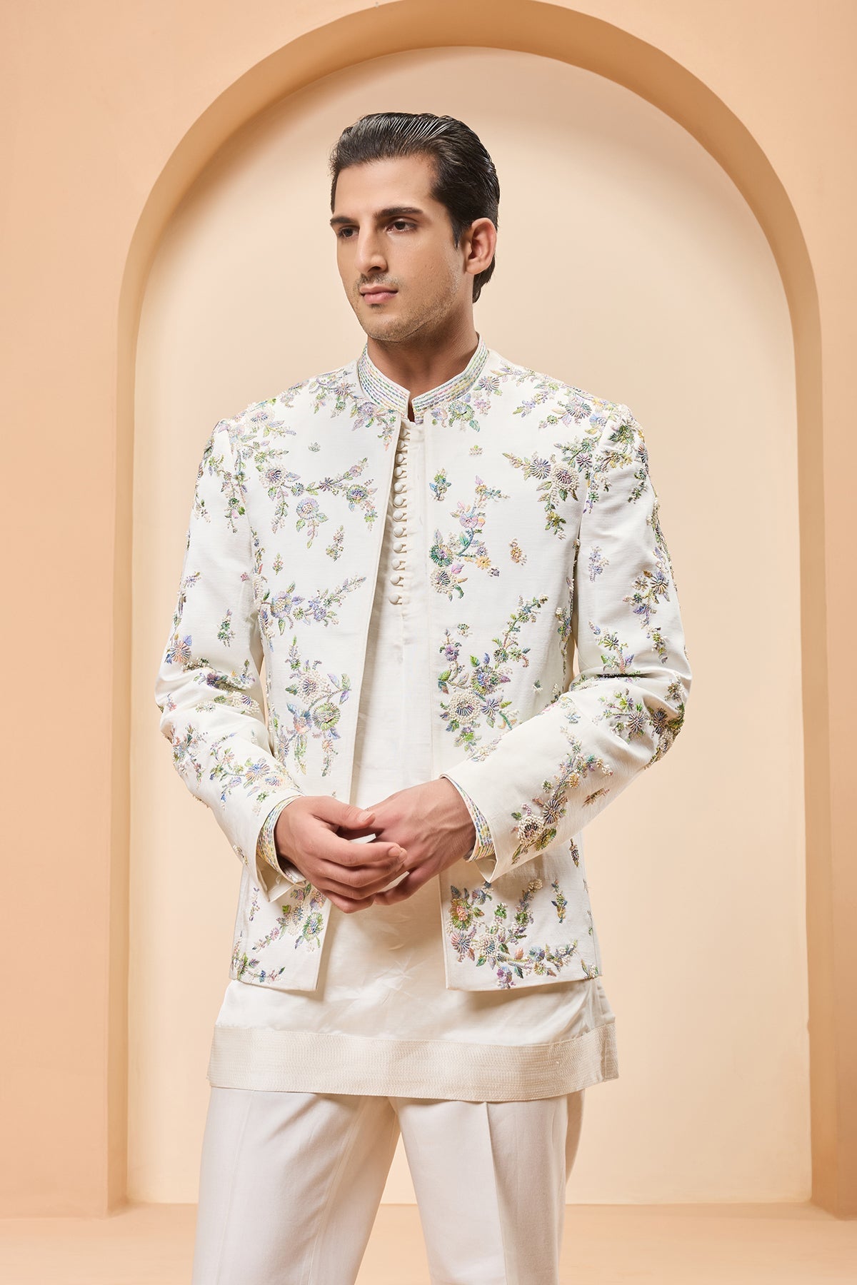 Ivory open bandhgala 
with thread sequins & pearl
work