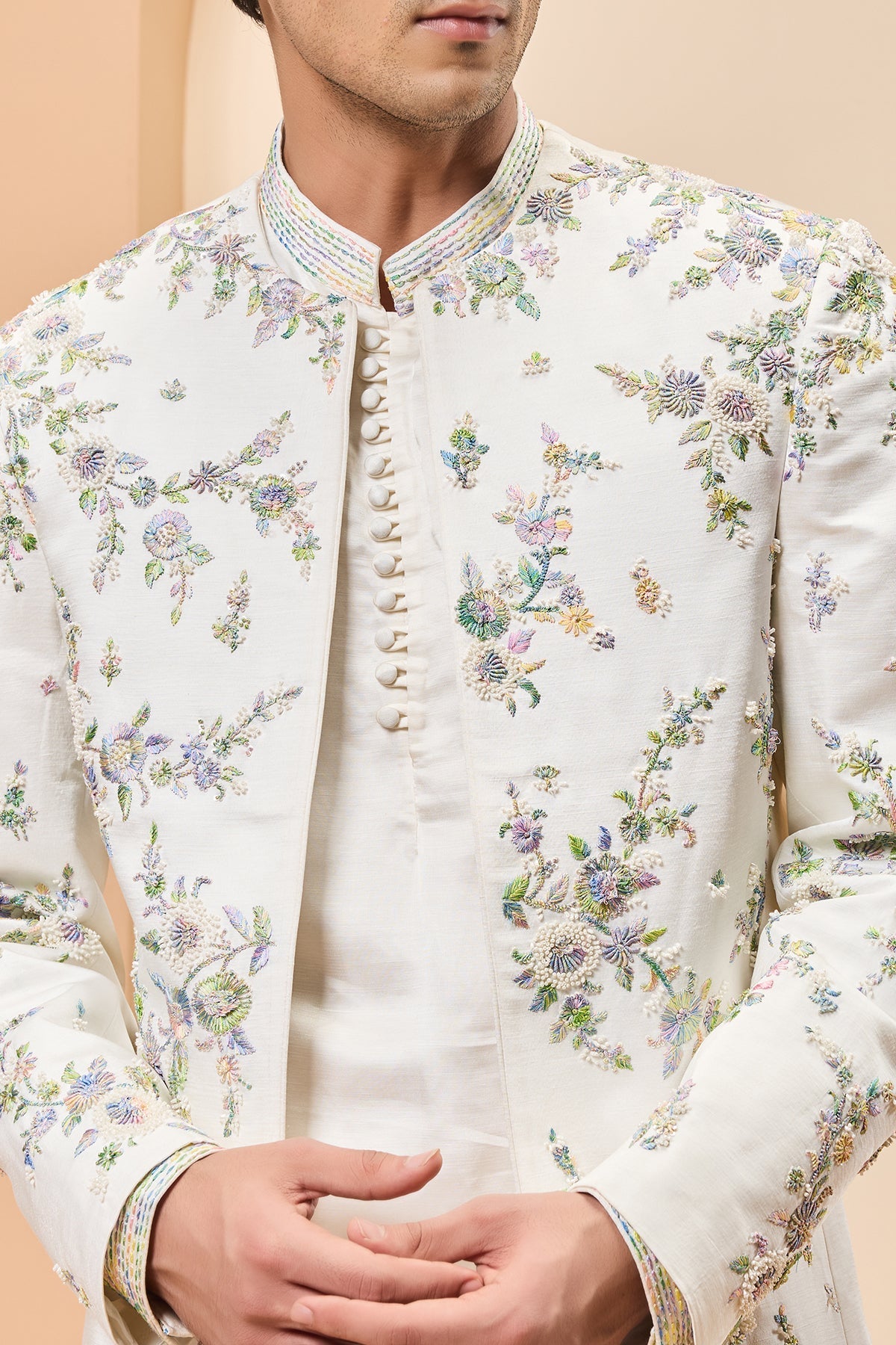 Ivory open bandhgala 
with thread sequins & pearl
work