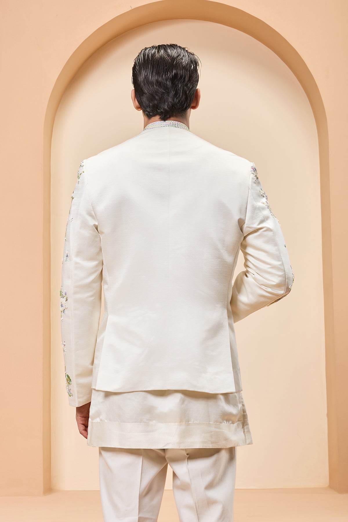 Ivory open bandhgala 
with thread sequins & pearl
work