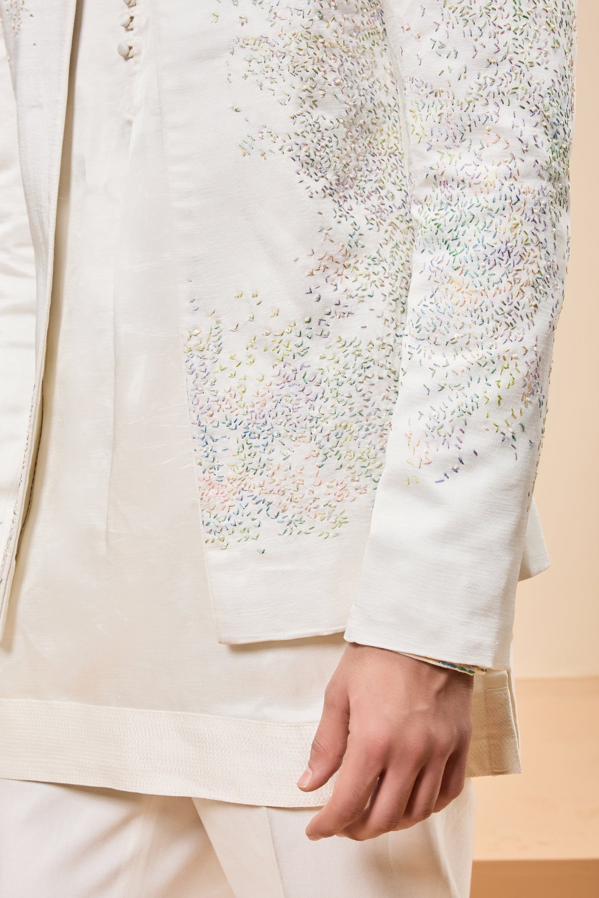 Ivory open bandhgala 
with thread sequins & pearl
work