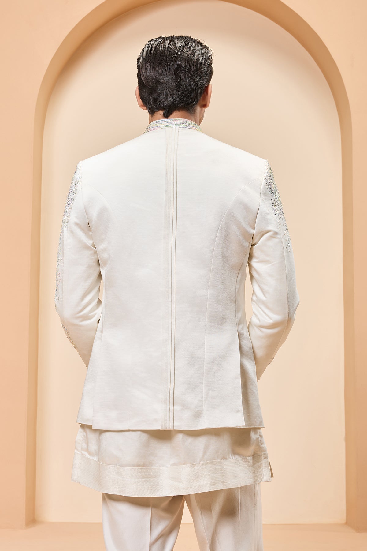 Ivory open bandhgala 
with thread sequins & pearl
work