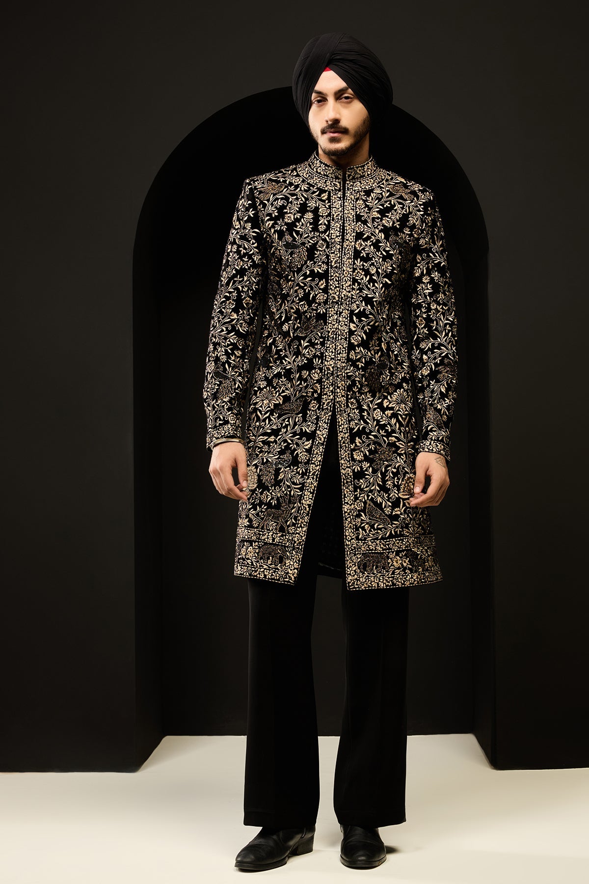 Black indo Western highlighting with gold zari sequins pearl and cutdana