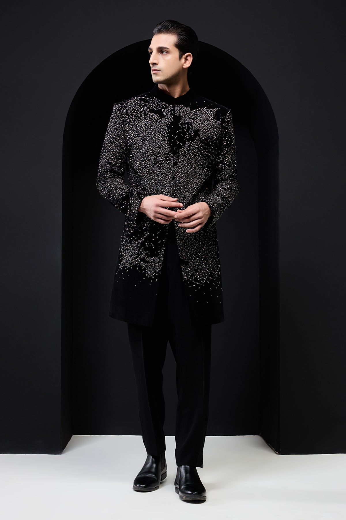 Black indo Western highlighting with silver zari pearls and cutdana