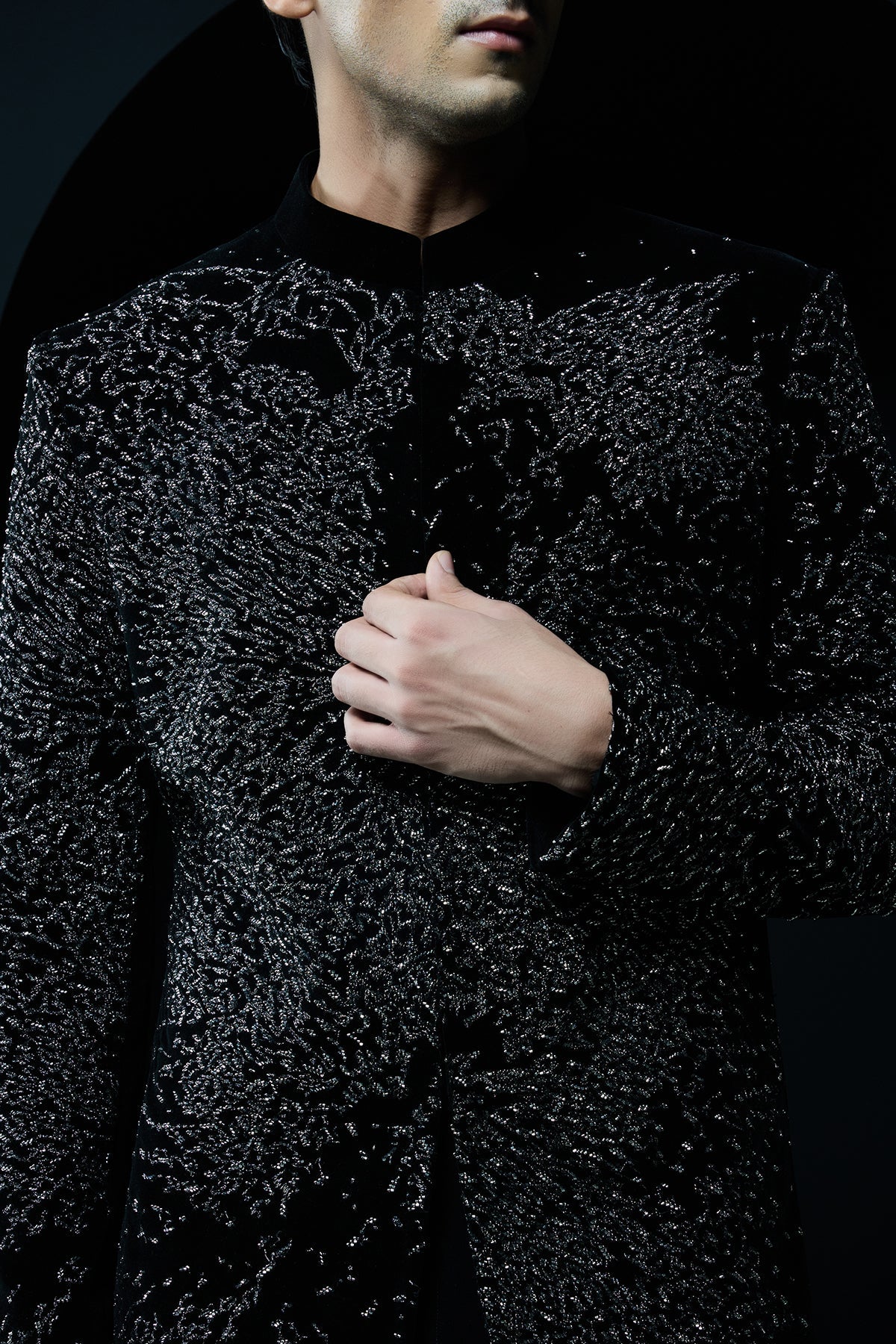 Black indo Western highlighting with silver zari pearls and cutdana