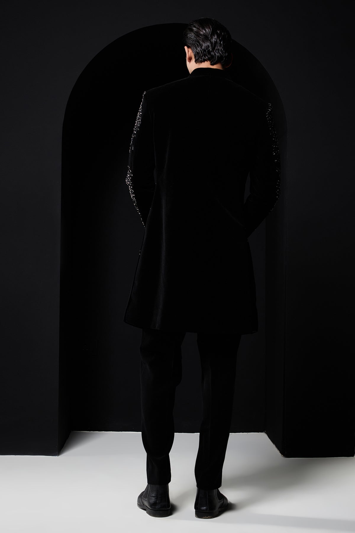 Black indo Western highlighting with silver zari pearls and cutdana