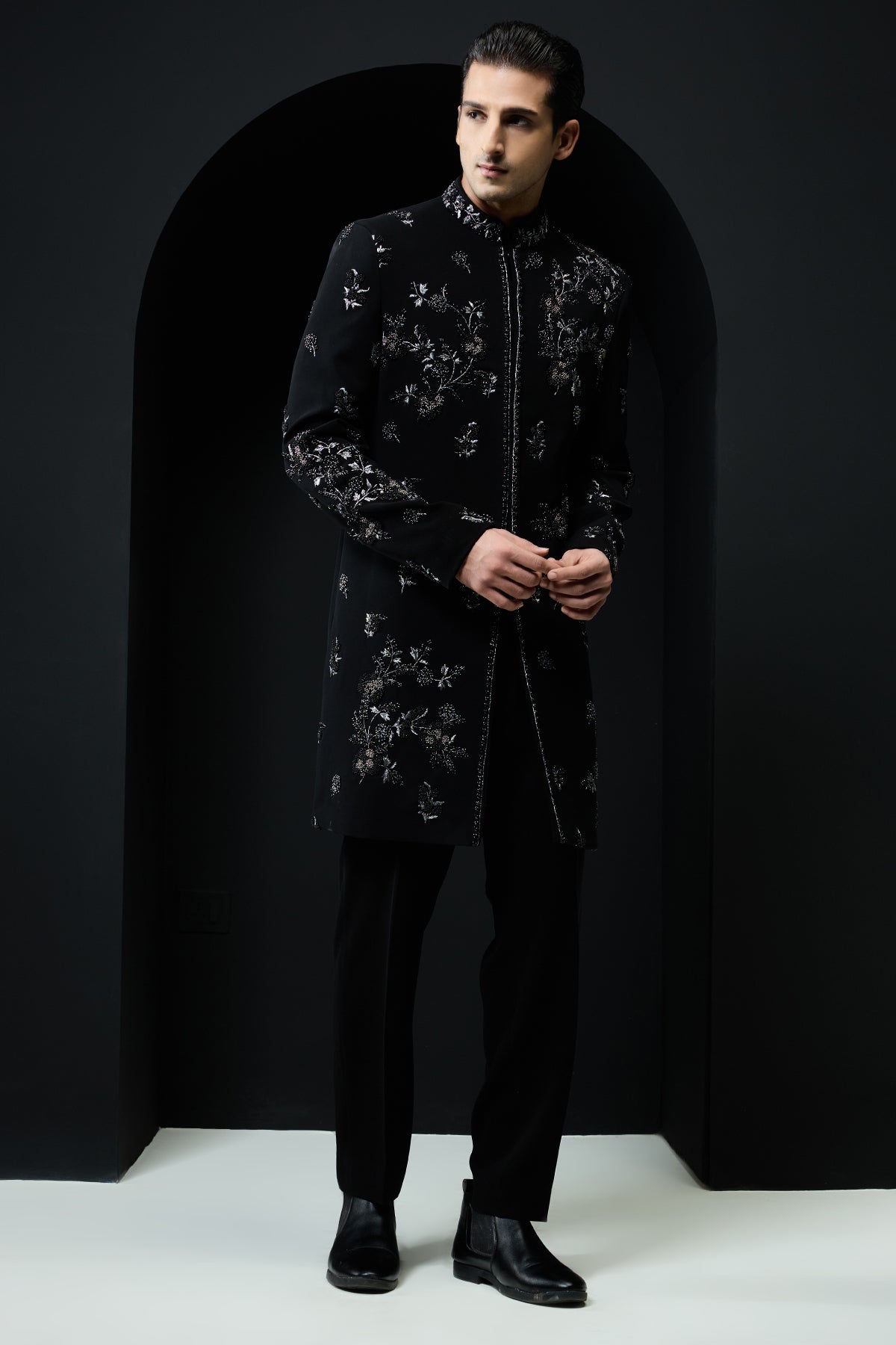 Black indo Western highlighting with silver zari pearls and cutdana