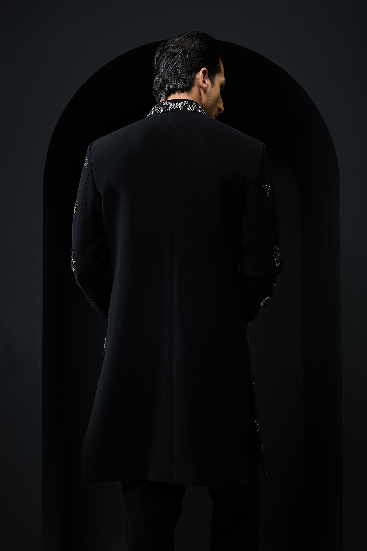 Black indo Western highlighting with silver zari pearls and cutdana