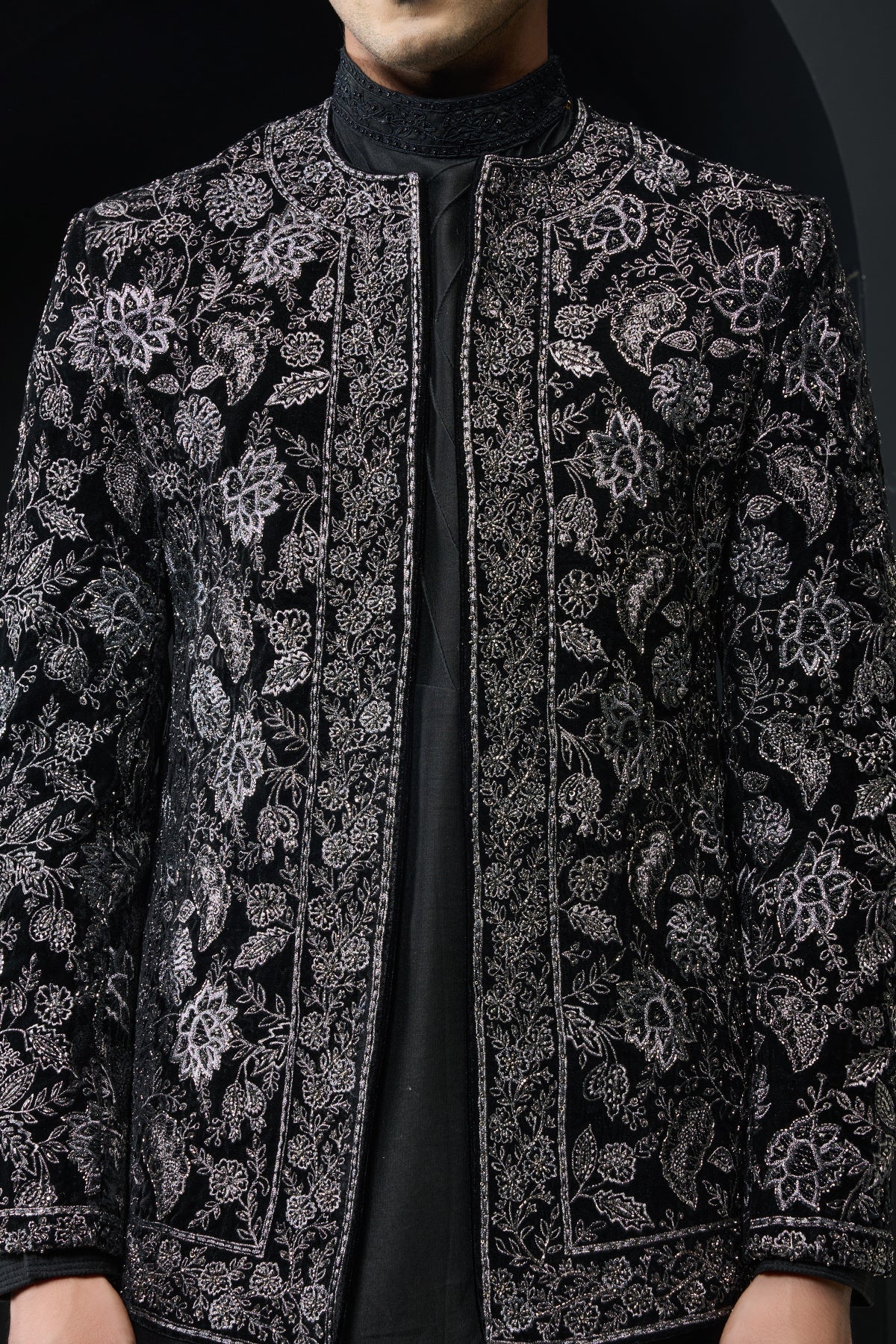 Black open bandhgala 
with silver zari sequins & pearl
work