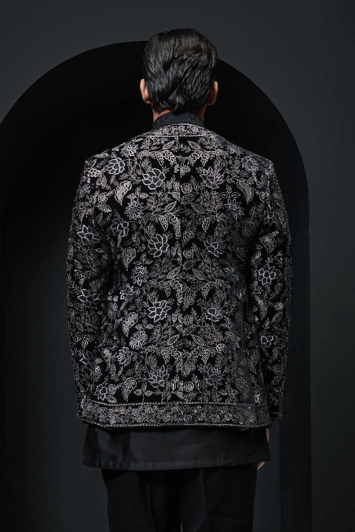 Black open bandhgala 
with silver zari sequins & pearl
work