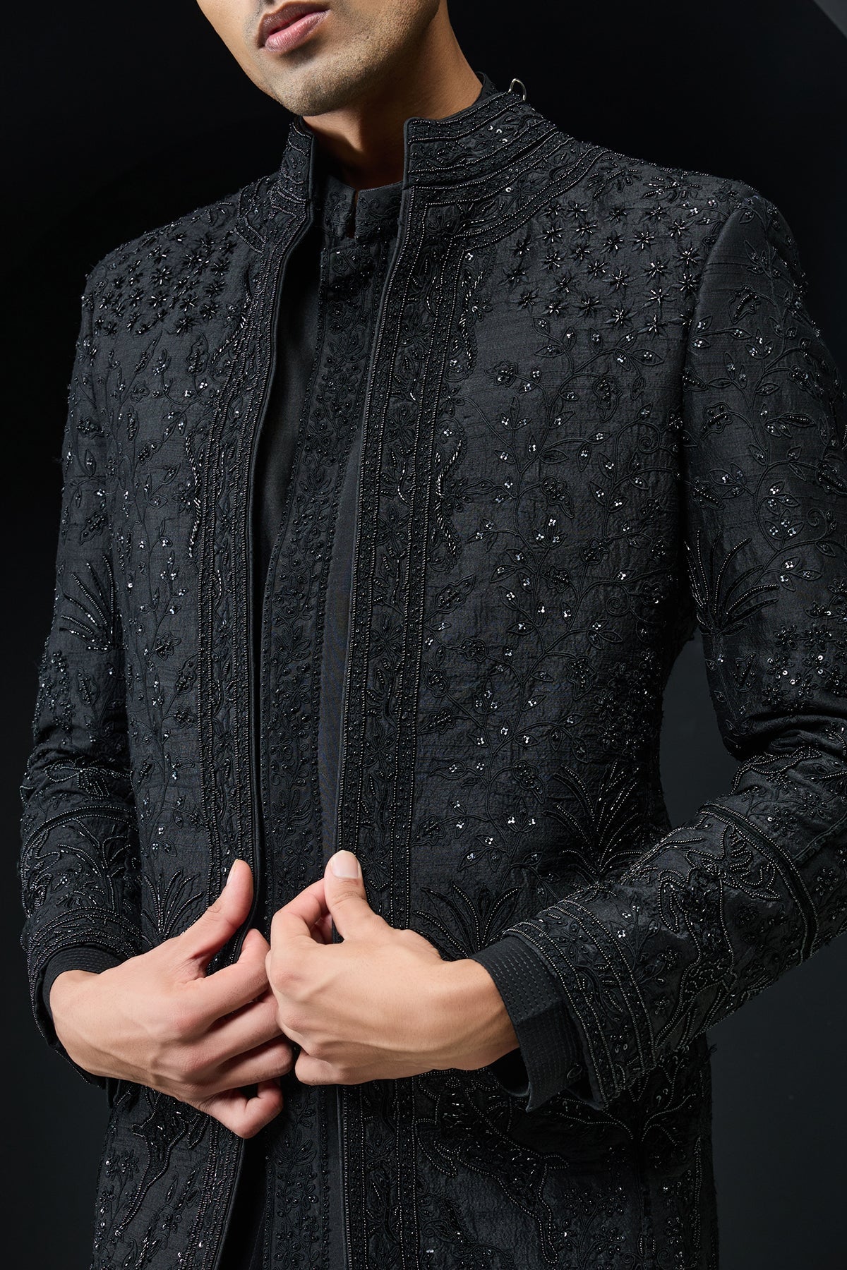 Black open indo Western highlighting with pearls sequins and thread work