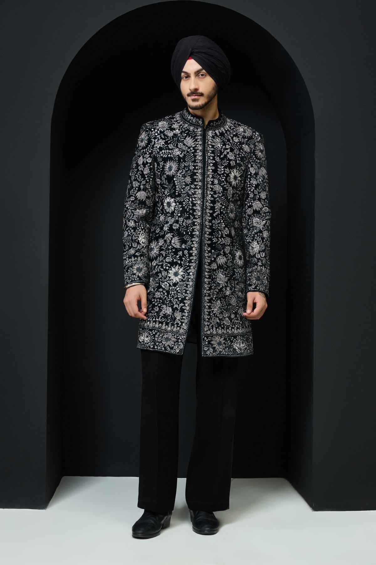 Teal Indo Western highlighted with pearl sequins cutdana and spring thread work