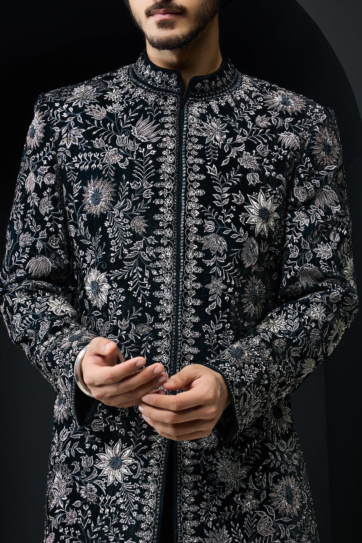 Teal Indo Western highlighted with pearl sequins cutdana and spring thread work