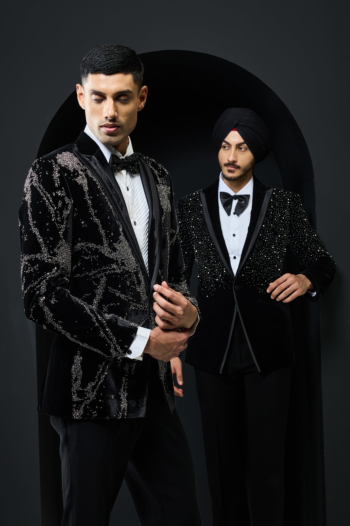 Black tuxedo highlighted with sequins pearls and cutdana