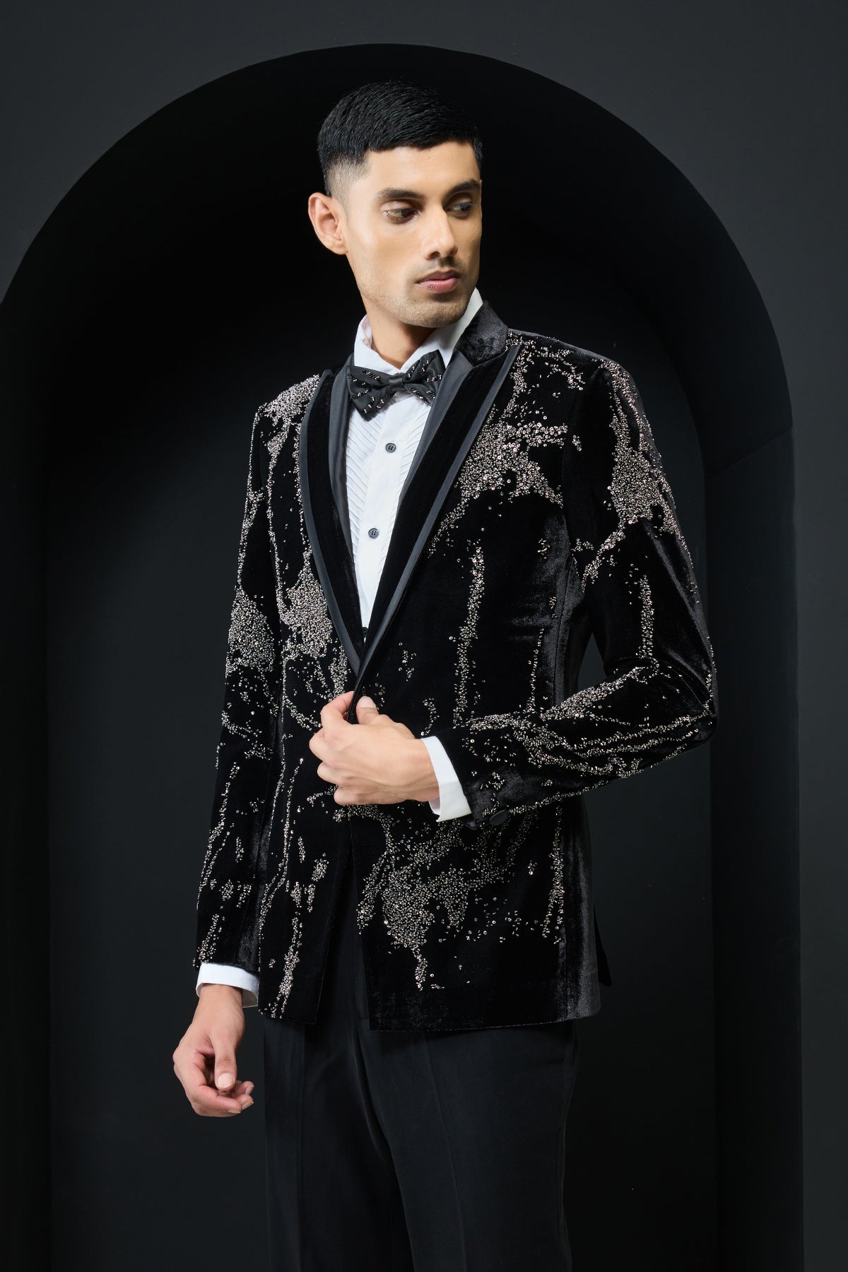 Black tuxedo highlighted with sequins pearls and cutdana