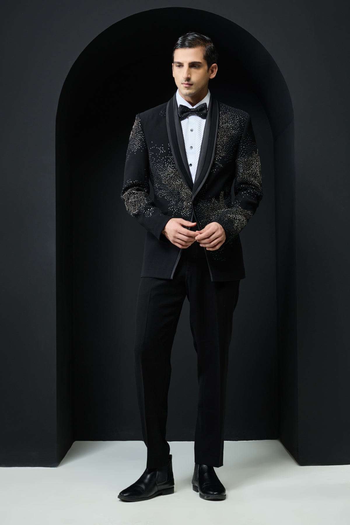 Black tuxedo highlighted with sequins pearls cutdana
