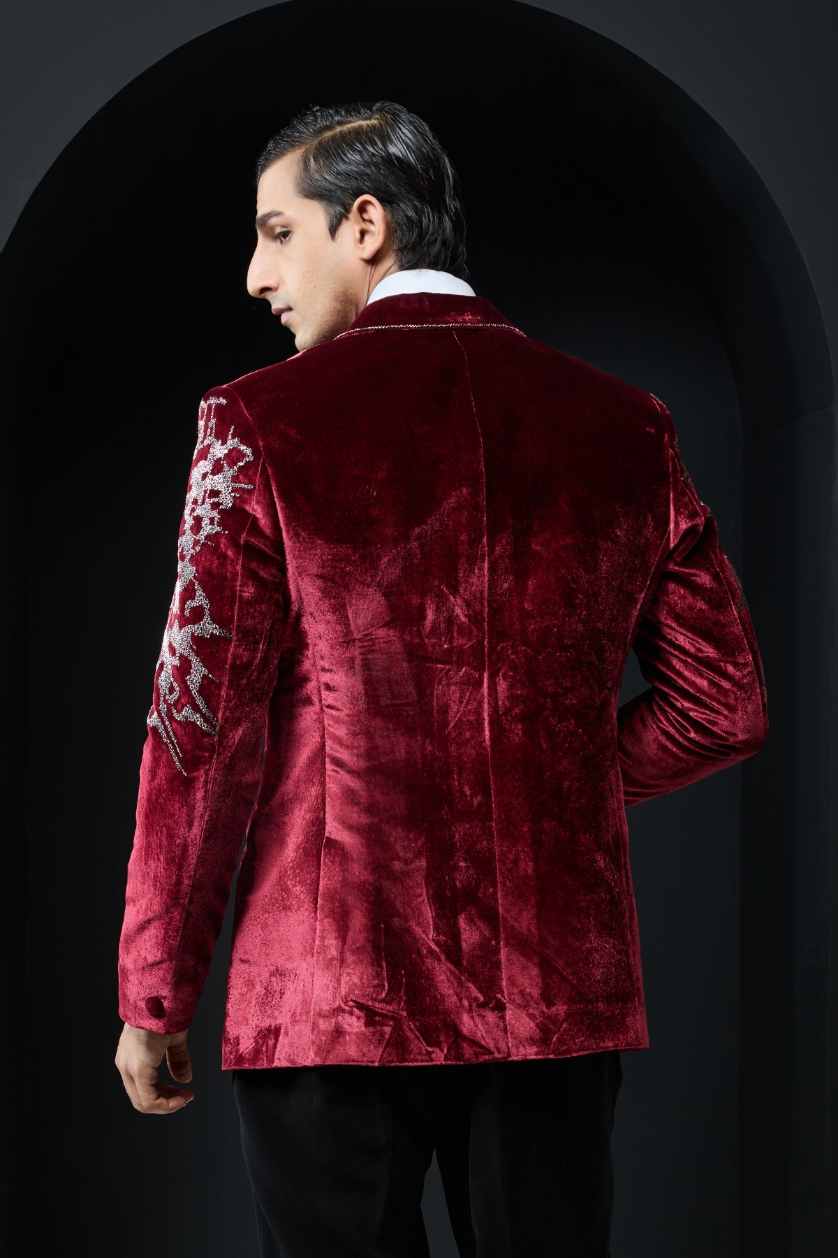 Wine tuxedo highlighted with cutdana