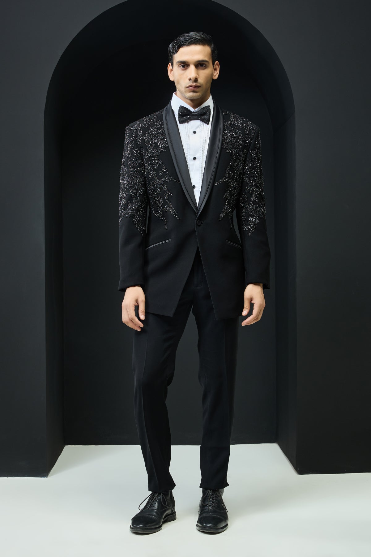 Black tuxedo highlighted with sequins pearls cutdana