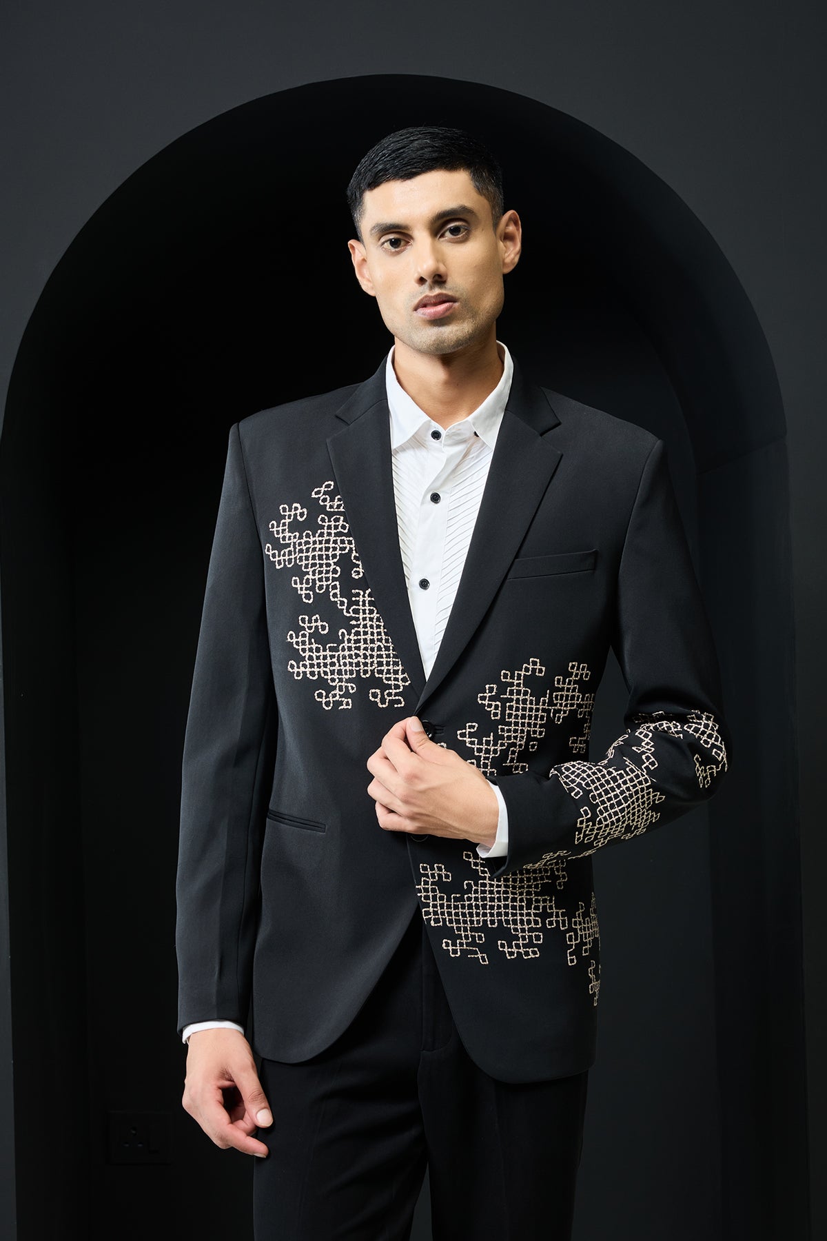 Black blazer detailing with thread work