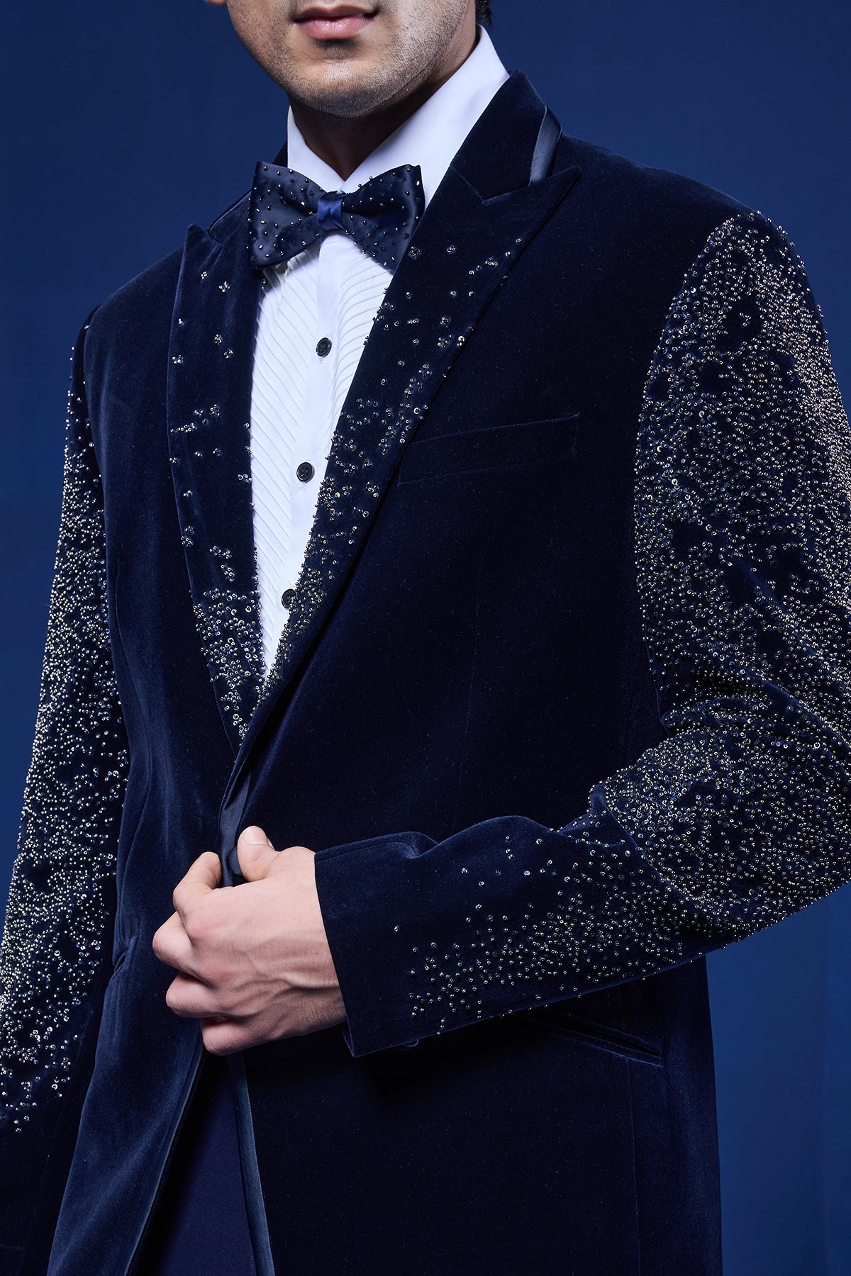 Navy Blue tuxedo highlighted with pearls and sequins