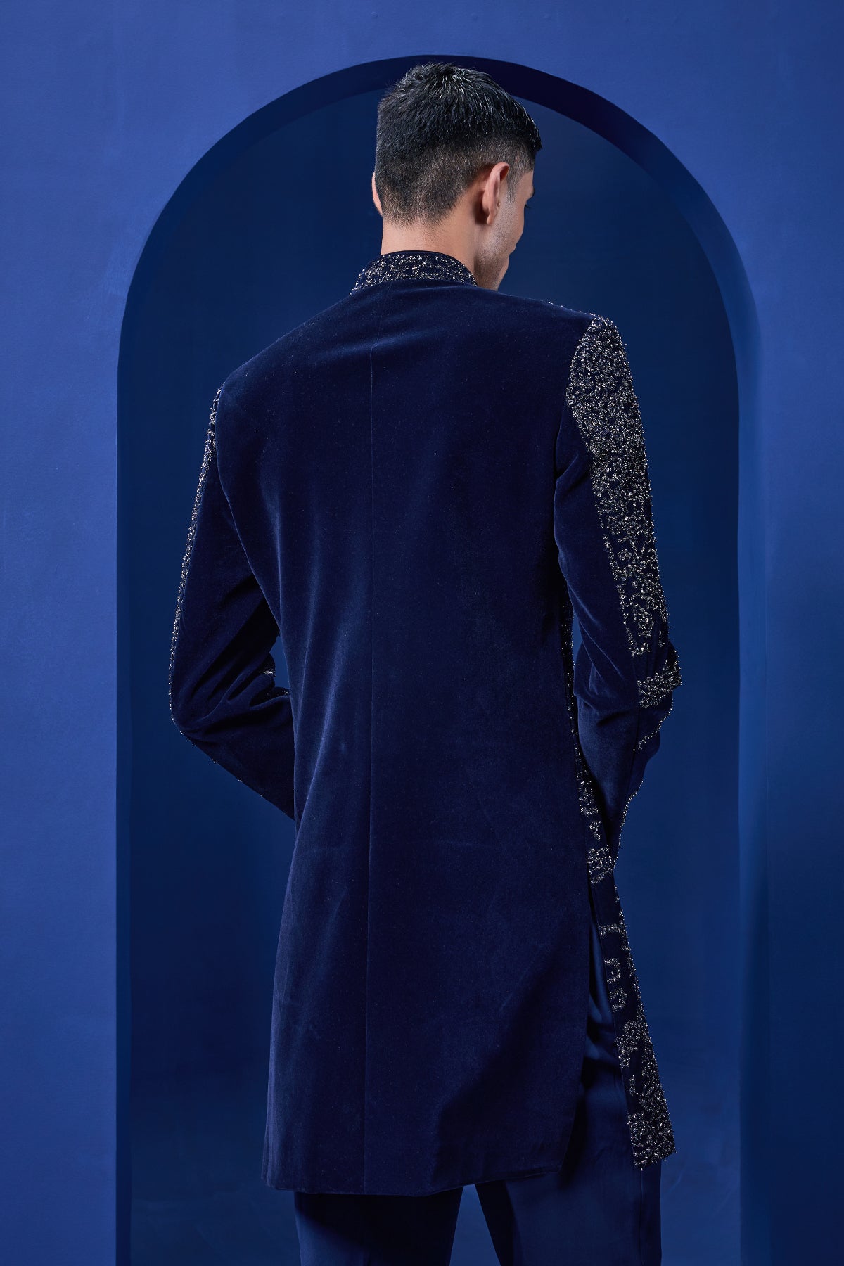 Navy blue Indo Western highlighted with silver zari sequins pearl and cutdana