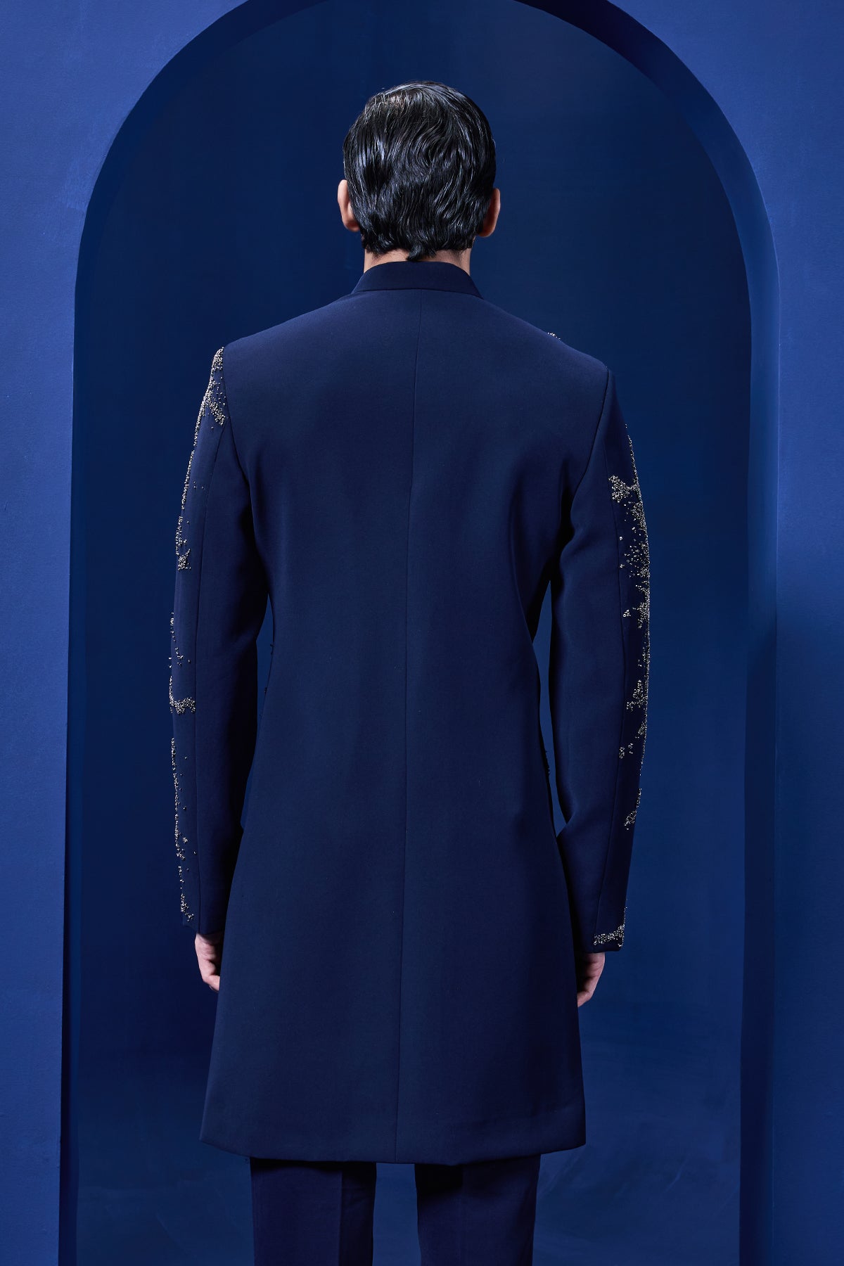 Navy blue Indo Western highlighted with sequins pearl and cutdana