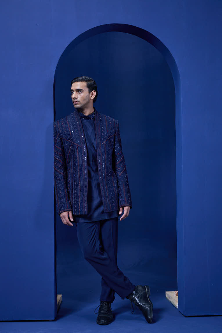 Navy Blue open bandhgala 
with thread sequins & pearl
work