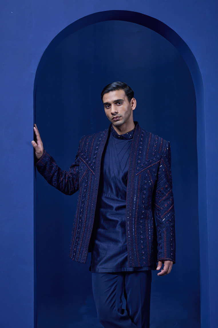 Navy Blue open bandhgala 
with thread sequins & pearl
work