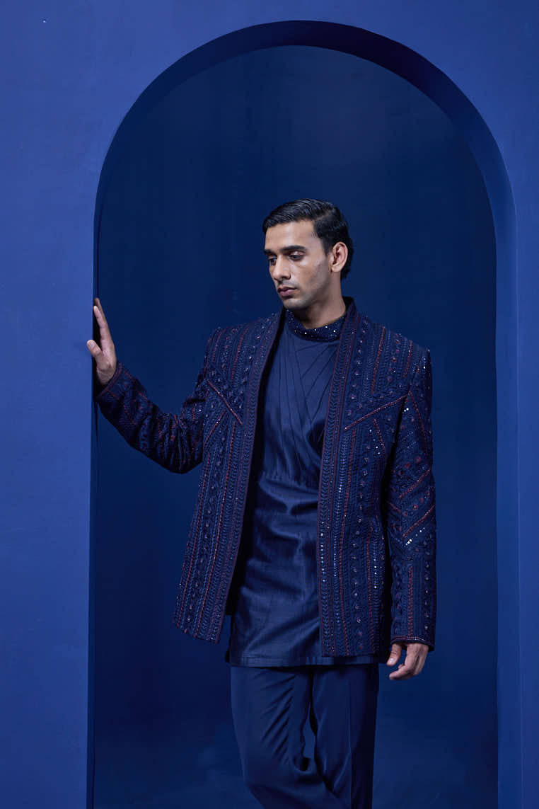 Navy Blue open bandhgala 
with thread sequins & pearl
work