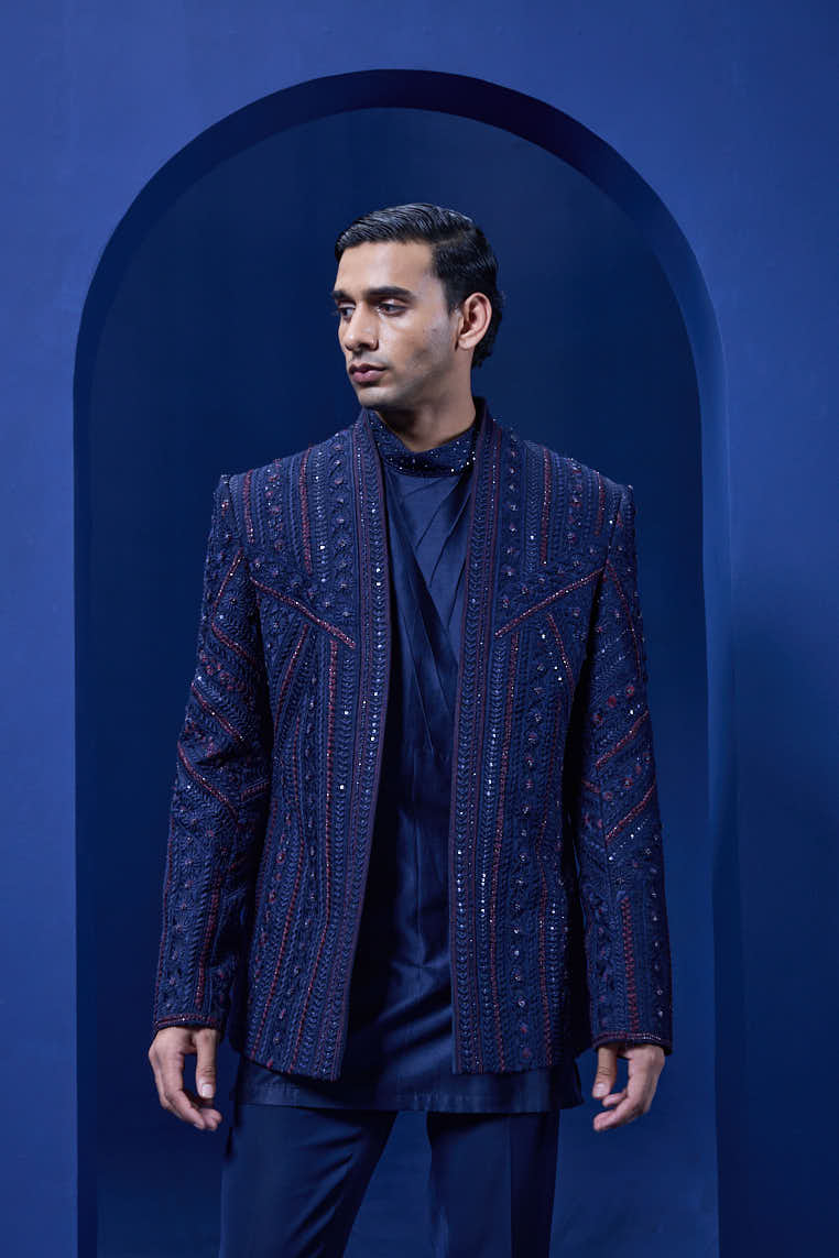 Navy Blue open bandhgala 
with thread sequins & pearl
work