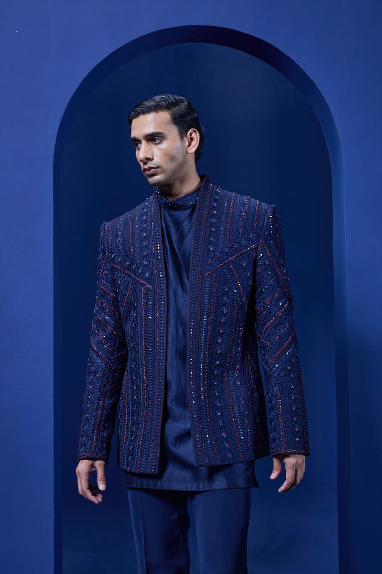 Navy Blue open bandhgala 
with thread sequins & pearl
work