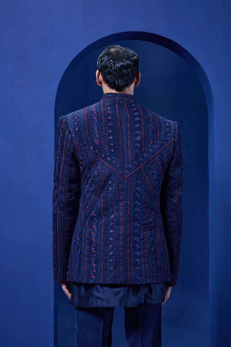 Navy Blue open bandhgala 
with thread sequins & pearl
work