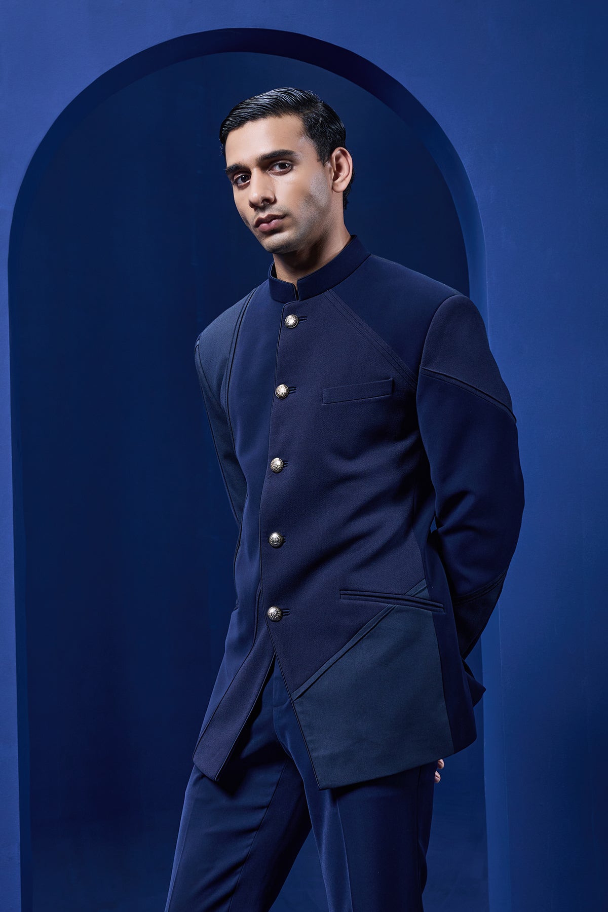 Navy blue bandhgala detailing with golden button