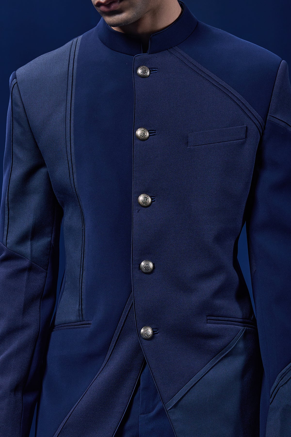 Navy blue bandhgala detailing with golden button