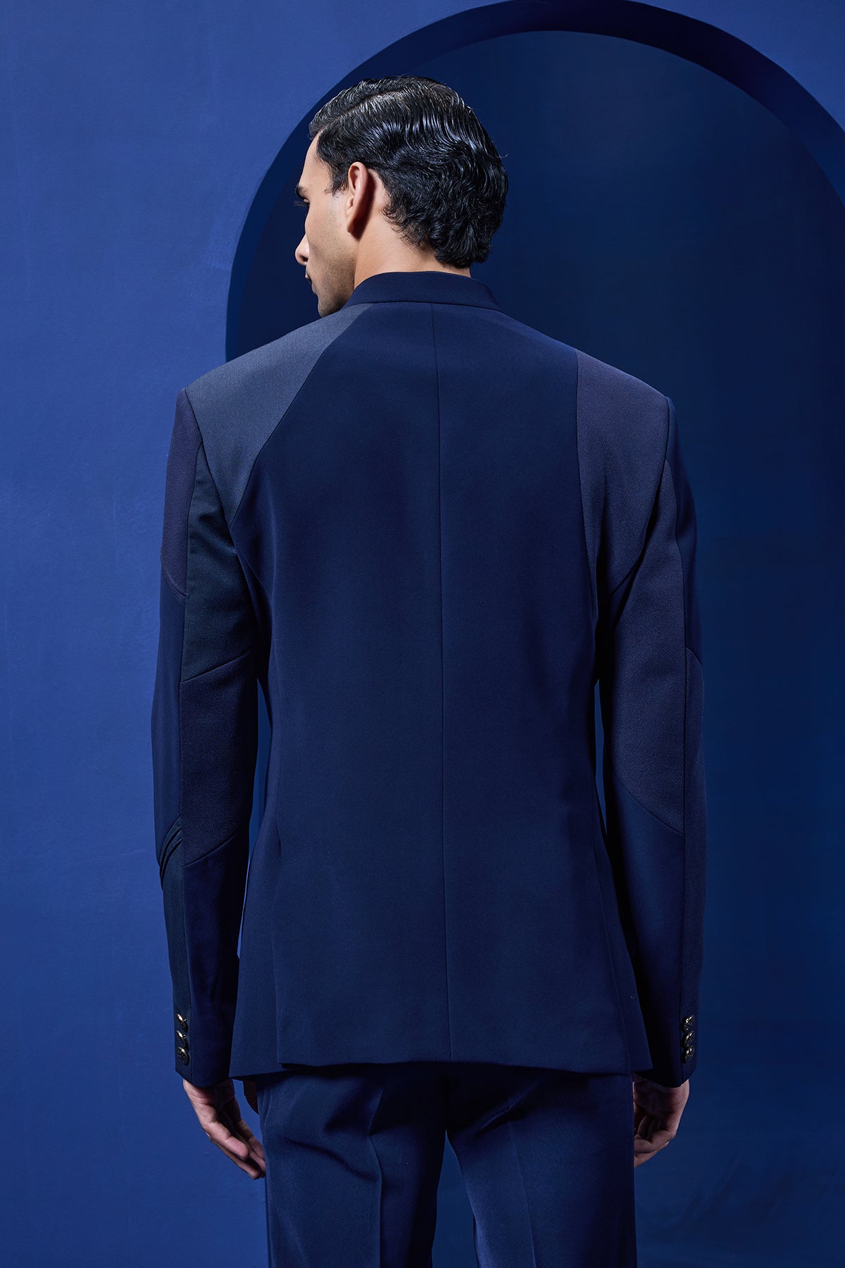 Navy blue bandhgala detailing with golden button